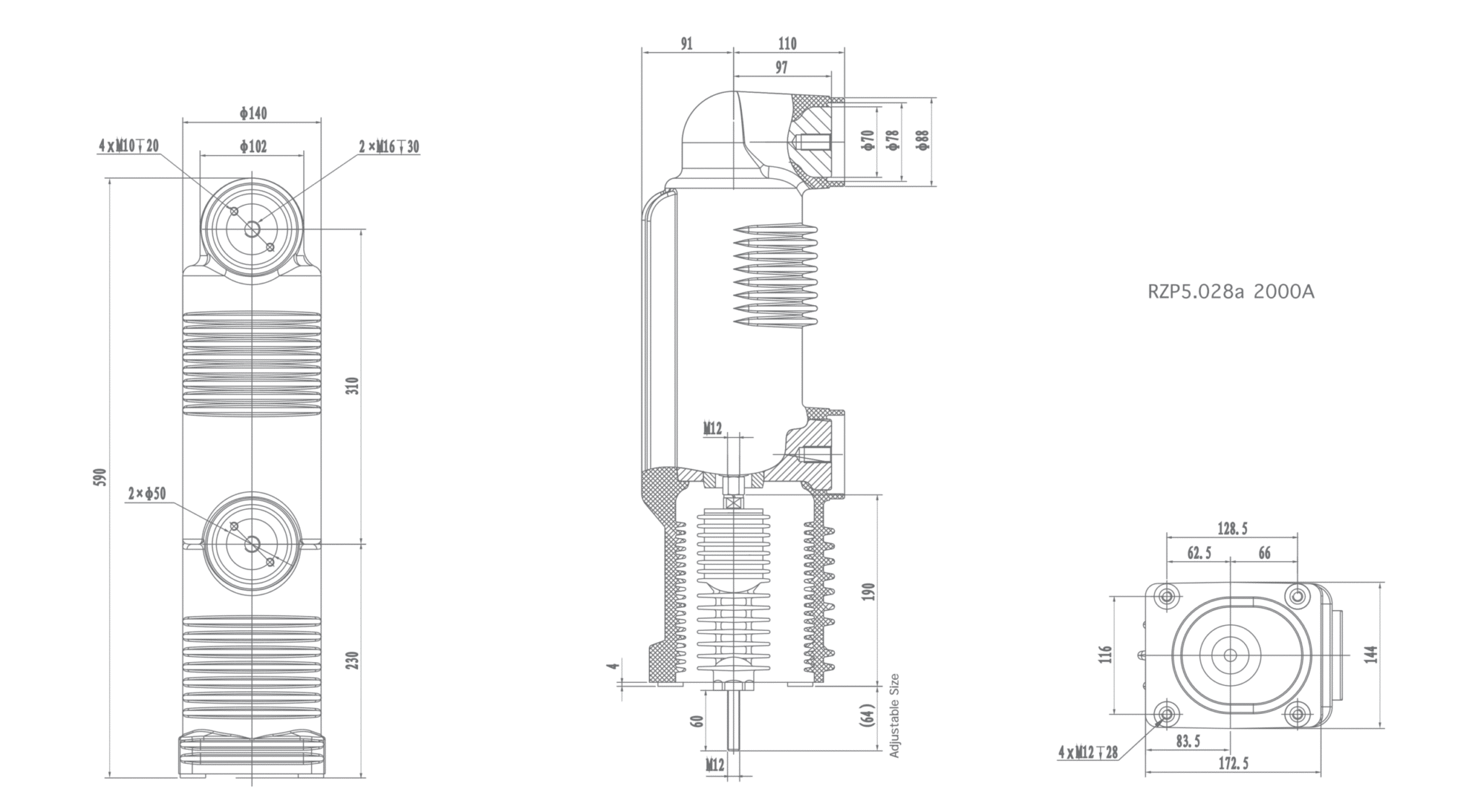 RZP5.028a 24 kV Poste empotrado, 2000A