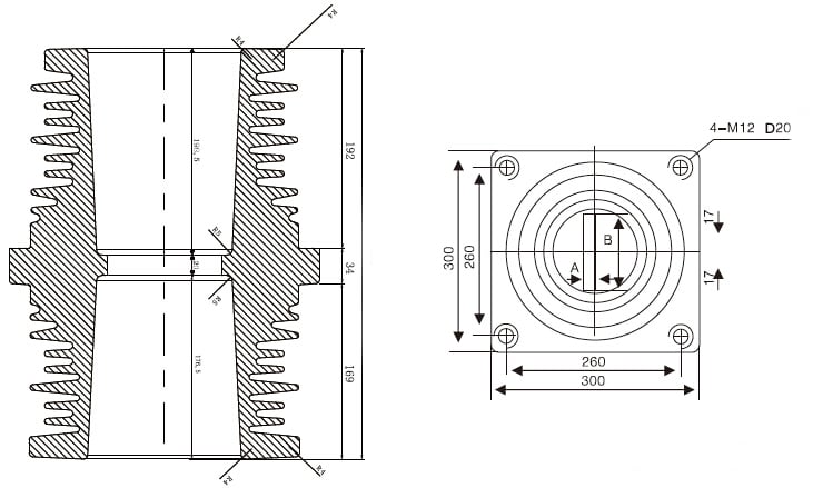 35KV Wall Bushing Shielding 260×260×395 - TG3-35KV Heavy-Duty 3150-5000A IP68 Extreme