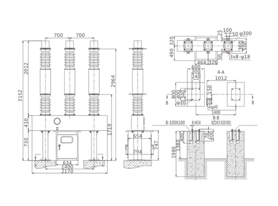LW8A-40.5 Outdoor SF6 Circuit Breaker 40.5kV - Porcelain Column High Voltage CT14 Spring Mechanism Transmission Distribution