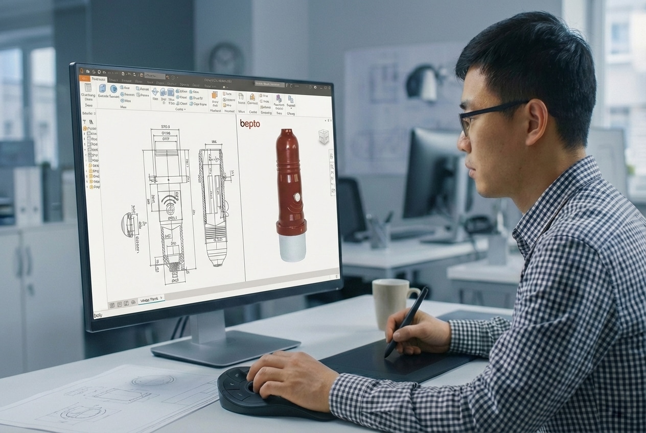 A photograph shows a Chinese male engineer with glasses and a plaid shirt sitting at a desk in a modern office, using a stylus on a graphics tablet and a 3D mouse. On the large computer monitor, CAD software displays a detailed technical blueprint on the left for a component labeled "5RA12.013.083" with the brand "bepto", and a reddish-brown 3D model of the same electrical bushing on the right. Blueprints and a coffee mug are also on the desk.