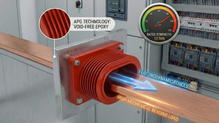 A technical illustration shows a red, ribbed APG epoxy bushing with a square flange mounted on a metal partition within an electrical switchgear cabinet. A copper busbar passes through the bushing. A magnifying glass callout highlights the bushing's material as "APG TECHNOLOGY: VOID-FREE EPOXY". A glowing blue arrow indicates "ELECTRODYNAMIC FORCES" acting on the busbar, and orange text with a glow reads "HIGH MECHANICAL BENDING LOAD" along the busbar. A gauge in the upper right displays "RATED STRENGTH: 12.5kN". A ground symbol is at the bottom left. The background shows various circuit breakers and wiring in the cabinet.