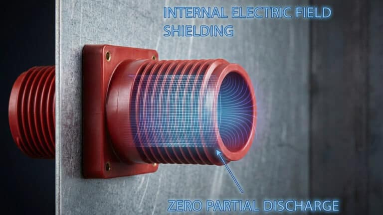 A photograph showing a red epoxy ribbed wall bushing installed through a metal partition. Inside the bushing, a glowing blue mesh and electric field lines illustrate 'INTERNAL ELECTRIC FIELD SHIELDING'. Text labels 'INTERNAL ELECTRIC FIELD SHIELDING' and 'ZERO PARTIAL DISCHARGE' (with an arrow pointing to the shielded area) are overlaid on the image, highlighting its technical features.