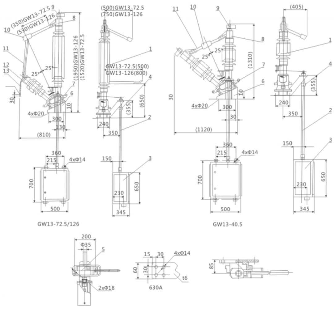 GW13 戶外中性點斷開開關 40.5-126kV 630A - 50° 支柱式絕緣體相交 25° 傾斜支架 CS17G 手動 CJ6 電動機構