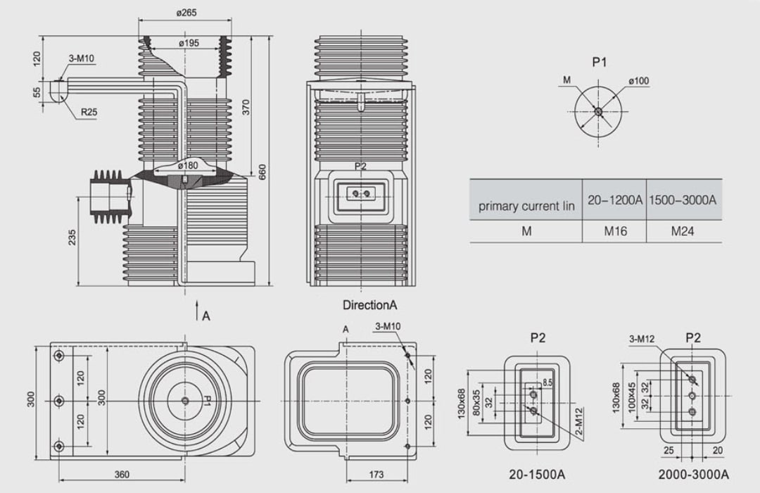 LDBJ9-40.5 שנאי זרם 40.5 קילו-וולט, פנימי, שרף אפוקסי - 20-3000A, 0.2S, 0.5S, 5P10, Class 150×In תרמי, 375×In דינמי, 40.5, 95, 185 קילו-וולט, GB1208, IEC60044-1