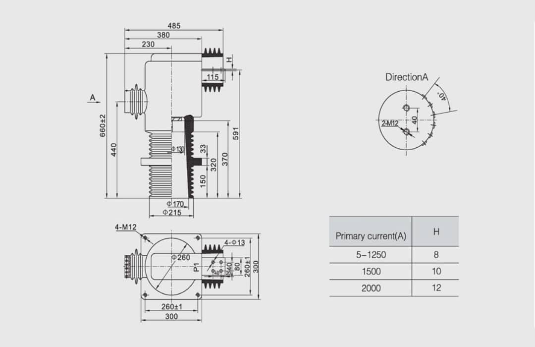 LDJ1-35H-300 Transformateur de courant 35kV Intérieur Résine Epoxy - 5-2000A 0.2S 0.5S5P Classe 150×In Thermique 375×In Dynamique 40.5 95 185kV Multi-Winding GB1208 IEC60044-1