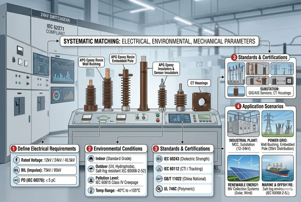 Um infográfico de engenharia e um guia de correspondência sistemática para a seleção do isolamento moldado APG. Uma bancada de teste central e um painel de exibição em um moderno painel de distribuição de subestação industrial mostram vários componentes moldados em resina epóxi APG, incluindo buchas de parede, postes embutidos e isoladores de sensor, marcados com "24kV SWITCHGEAR" e "IEC 62271 COMPLIANT". Quatro etapas distintas são visualizadas com rótulos e ícones técnicos precisos: 1. Definir os requisitos elétricos (níveis de BIL de 12kV/24kV/40,5kV, medição de PD); 2. Considerar as condições ambientais (resina para ambientes internos/externos, poluição IEC 60815, Classe IV, temperatura estendida, superfícies hidrofóbicas); 3. Corresponder a padrões e certificações (IEC 60243, IEC 60112, IEC 60270, GB/T 11022, UL 746C), 4. cenários de aplicação (CCM/subestação de plantas industriais, distribuição de 35kV em redes de energia, sensores primários GIS/AIS de subestações, coleta de MV solar e eólica, névoa salina marítima e offshore IEC 60068-2-52). Todo o texto é profissional e legível, criando um fluxo de processo claro. Não há pessoas no quadro. O esquema de cores é técnico e profissional, com tons frios e marcações de engenheiros.