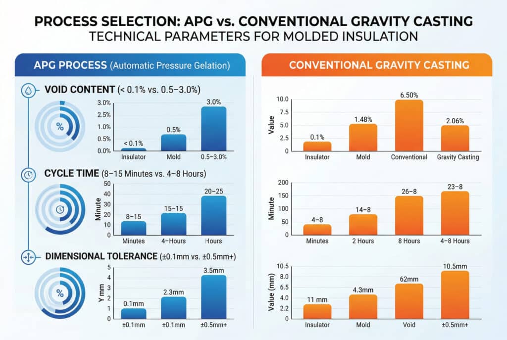 Bu ayrıntılı profesyonel veri görselleştirme tablosu, kalıplanmış epoksi reçine yalıtımı için APG (Otomatik Basınçlı Jelleşme) işleminin ve Geleneksel Yerçekimi Dökümünün temel teknik parametrelerini karşılaştırmaktadır. Grafikte, çizelgeler ve çubuk grafiklerle yan yana iki ana bölüm bulunmaktadır: "BOŞLUK İÇERİĞİ (< 0,1% vs. 0,5-3,0%)", "ÇEVRİM SÜRESİ (8-15 Dakika vs. 4-8 Saat)" ve "BOYUT TOLERANSI (±0,1mm vs. ±0,5mm+)". Tüm grafikler, APG'nin teknik üstünlüğünü gösteren birimler ve veri etiketleri ile açıkça etiketlenmiştir.