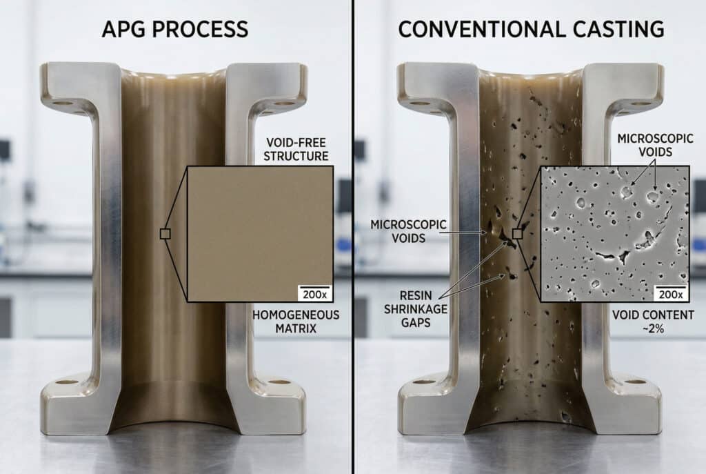 Kalıplanmış yalıtım malzemesinin bölünmüş ekran fotoğraf karşılaştırması. Sol panelde bir APG bileşeninin kesiti ve 200x büyütme oranına sahip mikrografı gösterilmekte ve mükemmel yoğunlukta, boşluksuz bir yapı ortaya çıkarılmaktadır. Sağ panelde ise geleneksel gravite dökümden elde edilen ve 200x büyütme oranıyla çok sayıda mikroskobik boşluğu ve büzülme aralıklarını ortaya çıkararak malzeme yoğunluğundaki farkı gösteren bir kesit gösterilmektedir.