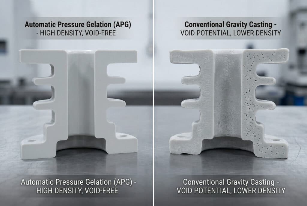 Bu ayrıntılı fotoğraf, Otomatik Basınçlı Jelleşme (APG) ile kalıplanmış yalıtım için geleneksel gravite döküm arasındaki temel farkı göstermektedir. Tek bir bileşen yan yana iki cilalı kesit olarak gösterilmektedir. Sol taraf (APG) yoğun ve tamamen boşluksuzdur, hassas geometriyi sergiler. Sağ taraf (Gravite Döküm) malzeme yapısı içindeki iç gözenekliliği ve boşlukları ortaya çıkararak kontrolsüz büzülmenin sonucunu vurgulamaktadır.