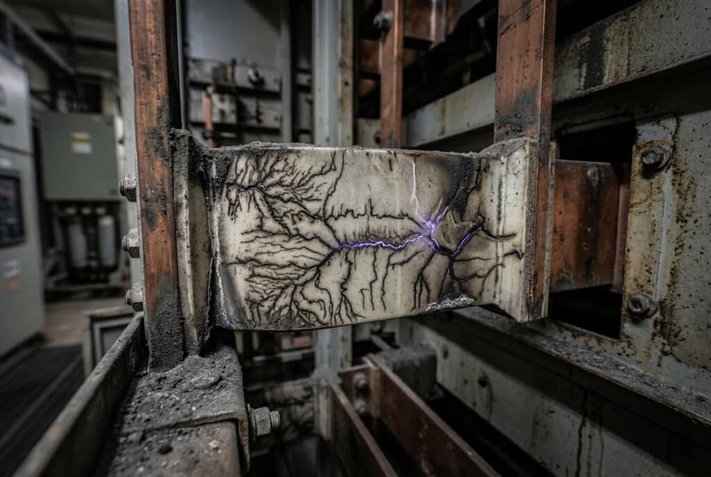 Visualizzazione dettagliata e ravvicinata di un isolatore di supporto per sbarre in resina epossidica invecchiato e sporco all'interno di un pannello di commutazione industriale isolato in aria, che mostra un tracciato elettrico nero simile a un frattale e sottili linee traccianti di scarica viola/blu che rappresentano una scarica parziale silenziosa.