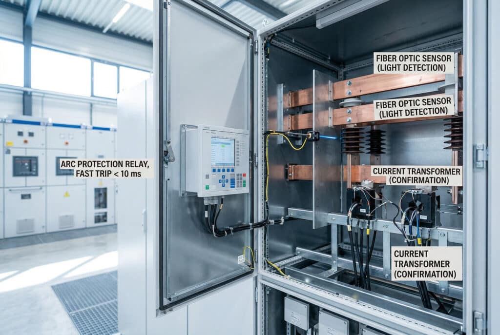 Photographie industrielle détaillée de l'intérieur d'un tableau de distribution moyenne tension isolé par air (AIS) ouvert, montrant un système de protection contre les arcs électriques méticuleusement installé. Un relais moderne de protection contre les arcs électriques, doté d'un écran d'état, est monté sur le panneau et porte l'inscription 'ARC PROTECTION RELAY, FAST TRIP < 10 ms' (relais de protection contre les arcs électriques, déclenchement rapide < 10 ms). Un capteur à fibre optique est positionné avec précision le long d'un compartiment de barre omnibus et porte la mention 'FIBER OPTIC SENSOR (LIGHT DETECTION)'. Des transformateurs de courant et leur câblage sont également présents, avec la mention 'TRANSFORMATEUR DE COURANT (CONFIRMATION)'. Cette illustration montre les principes de la détection par la lumière et de la confirmation du courant, ainsi que l'installation dans un tableau de distribution AIS protégé contre les arcs électriques, tel que décrit dans l'article.