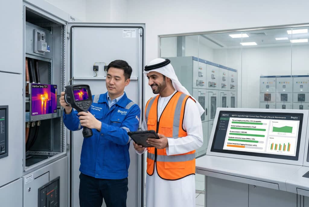 中東の変電所の制御室で、東アジア人（社内チーム）と中東人（送電事業者の顧客）の2人のエンジニアが協力している。東アジアのエンジニアは、開閉器パネルに向けて赤外線サーモグラフィを構え、高解像度の赤外線温度マップを数値オーバーレイで表示している。その隣では、中東のエンジニアがサーモグラフィと頑丈なタブレットを自信なさげに見ている。壁面の大型インタラクティブスクリーンには、「BEPTOアップグレード大電流パススルー・ライフサイクル保守」と題されたダッシュボードが表示され、「赤外線画像調査（立上り≤50 K（許容範囲））」、「接触抵抗測定（≤10 μΩ）」、「赤外線測定（>1000 MΩ）」、「周囲温度ロギング（一定<45℃）」の様式化されたステータスインジケータとグラフが連続データグラフとともに表示されています。ベプトエレクトリックのブランディングがさりげなく組み込まれています。.
