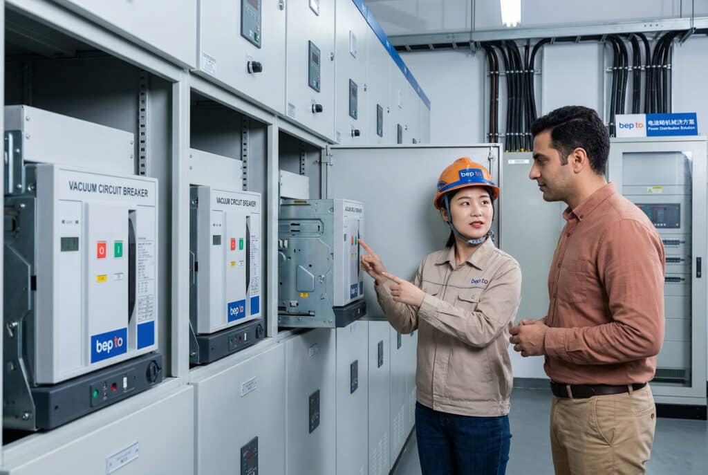 A professional East Asian female engineer, wearing a branded safety helmet, confidently gestures to an installed bep to Vacuum Circuit Breaker (VCB) within a grey medium voltage switchgear panel in a clean indoor switchgear room. An international non-East Asian male client focuses intently on the explanation. In the background, other switchgear sections, bundled cables, and an industrial terminal cabinet with a Chinese and English sign "bep to Power Distribution Solution" are visible. The VCB front panel clearly displays English text "VACUUM CIRCUIT BREAKER" and "bep to" logo. This illustrates the precise selection guide and practical application scenarios from the guide, such as industrial distribution, renewable energy, data centers, and marine.