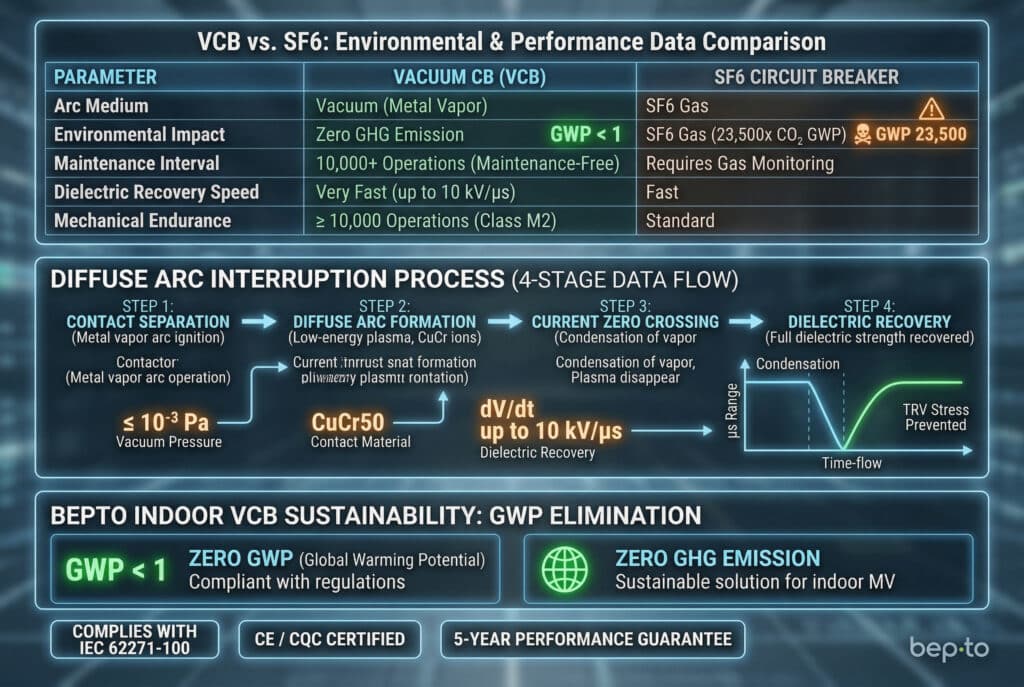 A precise, data-only visualization of the Bepto Indoor Vacuum Circuit Breaker's (VCB) advantages and data comparison, set against a subtle blurred digital grid. The image is structured into three glowing data panels. The top glowing data table compares 'VCB vs. SF6: Environmental & Performance Data Comparison' using column headers for Parameter, VCB (Vacuum CB), and SF6 Circuit Breaker, with row headers and glowing green values for 'Arc Medium' (Vacuum/Metal Vapor), 'Environmental Impact' ('Zero GHG Emission' with glowing green number 'GWP < 1'), 'Maintenance Interval' ('10,000+ Operations (Maintenance-Free)'), and 'Mechanical Endurance' ('≥ 10,000 Operations (Class M2)').