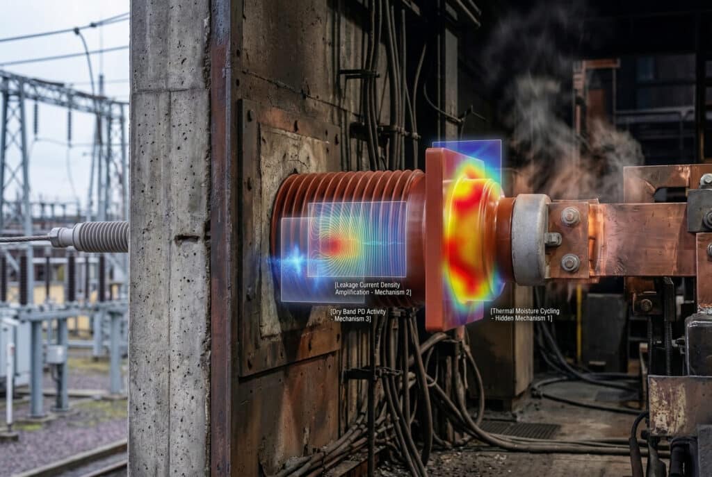 Bepto epoksi kompozit duvar burcunun makro fotoğrafı, yüksek yüklü bir çelik fabrikası trafo merkezindeki beton ve çelik kaplamalı endüstriyel bir duvara yatay olarak monte edilmiş ve yüzey izleme mekanizmalarını gösteren yeniden uygulanmış teşhis kaplamaları.