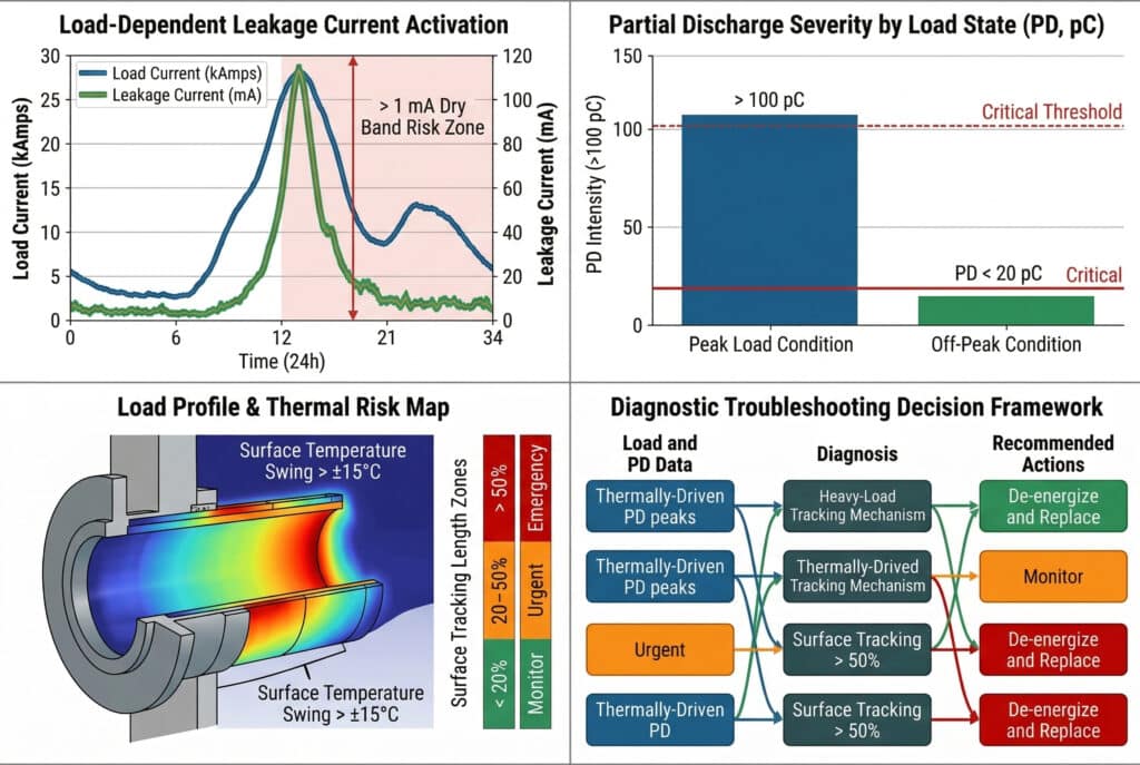 Ağır yük burçlarında yüzey izlemenin yüke bağlı mekanizmalarını görselleştiren dört panelli bir teşhis veri panosu: sol üstte senkronize yük ve kaçak akım tepe noktaları, sağ üstte yük durumuna göre Kısmi Deşarj (PD) şiddeti, sol altta bir termal ısı haritası ve izleme uzunluğu aciliyet bölgeleri ve sağ altta bulgular aciliyet kodlu eylemlerle bir karar matrisine entegre edilir.