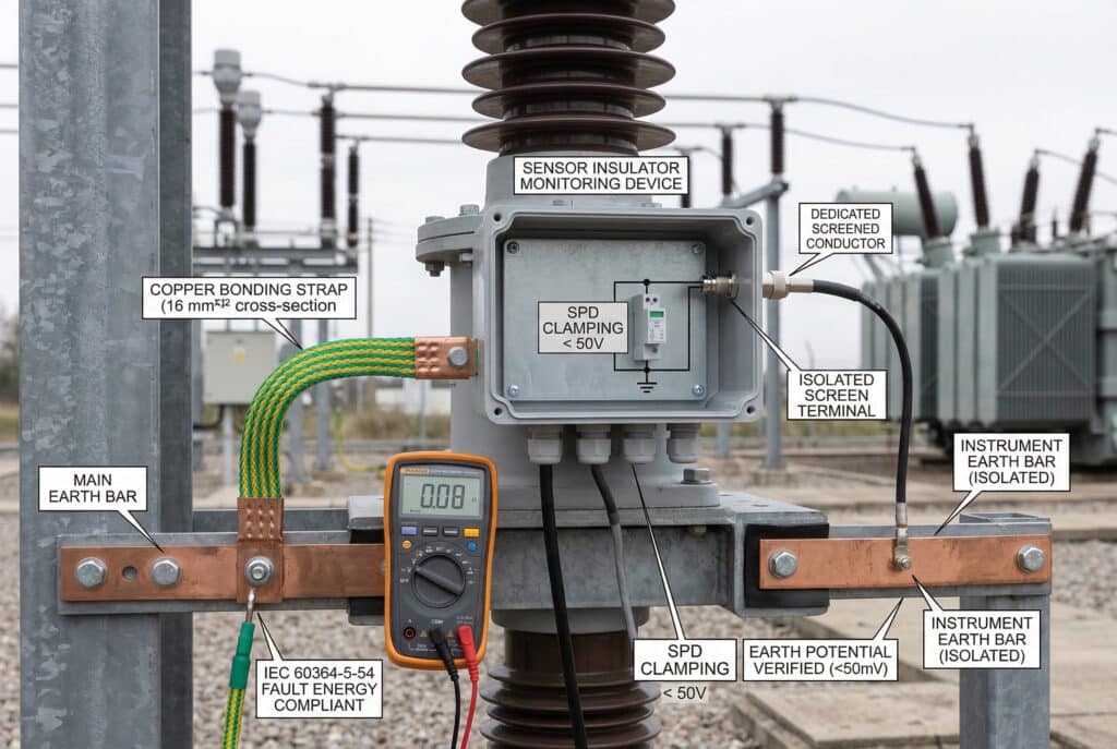 Photographie industrielle détaillée, d'une précision clinique, illustrant le cadre de mise à la terre complet et correct pour l'installation d'un dispositif de surveillance d'isolateur de capteur. Elle montre des chemins de mise à la terre de sécurité et de référence du signal physiquement séparés. Un robuste ruban de liaison en cuivre tressé vert et jaune relie le boîtier du dispositif de surveillance à une barre de cuivre grossière étiquetée BARRE DE TERRE PRINCIPALE, qui est boulonnée à un support en acier. Un multimètre numérique portatif muni de sondes mesure la résistance entre le boîtier et la barre de terre principale, l'écran affichant clairement '0,08 Ω' (en dessous du maximum requis). Une étiquette indique IEC 60364-5-54 FAULT ENERGY COMPLIANT. Un conducteur blindé séparé et dédié relie la borne de référence du signal de l'appareil à une barre de cuivre différente étiquetée BARRE DE TERRE DE L'INSTRUMENT (ISOLÉE). Le blindage du câble de signal est mis à la terre uniquement à l'extrémité de la barre de terre de l'instrument, tout en se terminant par une borne isolée étiquetée TERMINAL DE SCREEN ISOLÉ à l'extrémité du dispositif de surveillance, ce qui démontre une mise à la terre du blindage en un seul point. À l'intérieur du boîtier, un dispositif de protection contre les surtensions (SPD) est montré connecté entre la sortie du signal et la terre de référence du signal. Des étiquettes de texte identifient les composants et les points de vérification tels que DEDICATED SCREENED CONDUCTOR et EARTH POTENTIAL VERIFIED (<50mV). L'arrière-plan présente des isolateurs haute tension flous, des barres omnibus et un grand transformateur dans une cour haute tension extérieure sous un ciel couvert. L'éclairage met en valeur les détails techniques, les textures métalliques et le texte clair. Aucune personne n'est présente. La composition se concentre sur l'installation et les points de mesure.