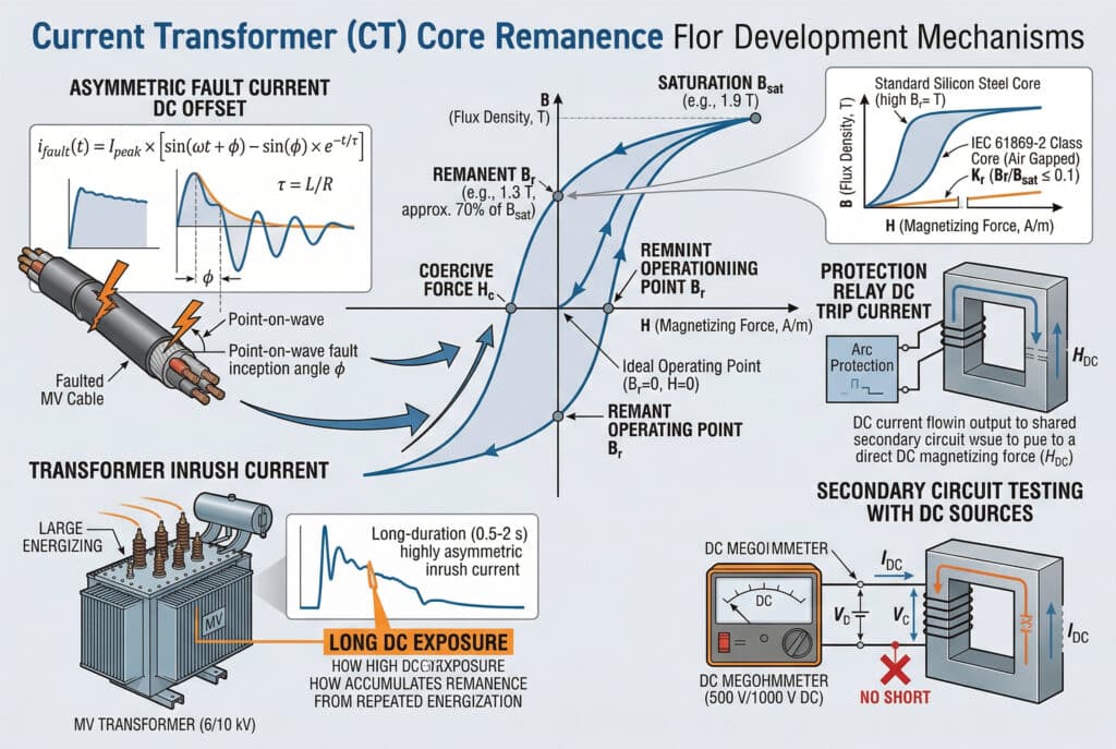 産業プラントの高圧（MV）システムにおける、電流トランス（CT）コアの残留ヒステリシスを視覚化した詳細な産業用インフォグラフィック図解と正確な技術概略図。メインのヒステリシス曲線は、標準的なシリコンスチールコア（高Br）と、はるかに低いKr（Br/Bsat ≤ 0.1）を示す「IEC 61869-2 クラスPRコア（エアギャップ）」曲線を対比しています。曲線の下とその周辺には、4 つの吹き出しが再マネンス発生メカニズムを示している：非対称故障電流直流オフセット」： 故障した MV ケーブルの回路図と、式 $i_{fault}(t) = I_{peak} で減衰する直流オフセット波形。\$i_{fault}(t) = I_{peak} [\sin( \omega t + ˶ˆ꒳ˆ˵) - ˶ˆ꒳ˆ˵) e^{-t/tau}]$.2. 「保護リレー直流トリップ電流」：保護リレー直流トリップ電流」：アーク保護リレーが出力する直流トリップ信号で、CT二次側に流れ、直流H_DCを印加する。3. 「変圧器突入電流」：大型 MV 変圧器(6/10 kV)への通電、長時間(0.5～2 秒)の非対称突入波形、累積効果。4.直流による二次回路試験」：DCメガオームメーター（500 V/1000 V DC）でCTの2次側を短絡（赤いXマーク）せずにテストし、高いBrのアーチファクトを残す。構成はきれいで権威があり、英語の綴りも完璧である。.