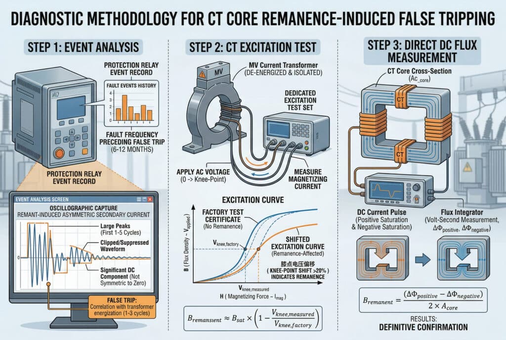 工業プラントの高圧(MV)システムにおける CT コアの残留磁気に起因する誤保護トリップの 3 段階の診断方法を、正確な英語ラベルを使用したきれいな図式で表した複雑な構造のインフォグラフィック図解です。ステップ 1: イベント分析。大きなピーク（最初の 1～5 サイクル）」と「重要な DC 成分（ゼロに対して対称ではない）」がマークされた、通電中の「残留再起電力による非定常二次電流」を表示する様式化された保護リレーのスクリーンショットを示します。イベント履歴画面には、"FAULT EVENTS HISTORY (6-12 MONTHS) "の頻度チャートが表示されます。ステップ2：CT励磁試験方法図は試験手順を示しています。MV 変流器には「MV 変流器 (DE-ENERGIZED & ISOLATED)」と表示されている。二次巻線に "DEDICATED EXCITATION TEST SET "を接続して交流電圧を印加する。大きな "励振曲線 "プロットは、"工場試験証明書(残留磁束なし) "と "シフトされた励振曲線(残留磁束の影響あり) "を対比し、ニーポイントVknee,factoryとVknee,measurementがラベル付けされ、図解方程式が示されています。結果ボックスは "KNEE-POINT SHIFT >20% INDICATES REMANENCE "を確認する。ステップ3: 直流磁束の直接測定。直接磁束積分法を示す。専用の測定器が正と負の飽和のために直流電流パルスを印加し、積分された磁束の変化が数式で示される：B_remanent = (ΔΦ_positive - ΔΦ_negative) / (2 x A_core)。結果：「決定的な確認すべてのテキストとラベルは完璧に綴られた英語で正確。背景は電力設備のある少しぼやけた工業用変電所。クリーンで技術的な設定。画像はまとまりのあるテックブルー、グレートーン、オレンジの警告要素を使用している。.