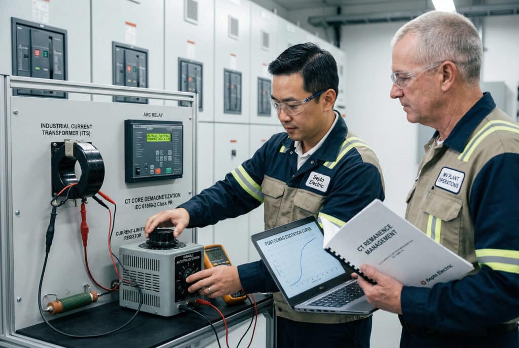 Bepto Electric」のワッペンが付いた工業用作業ジャケットを着た東アジアの技術専門家（デフォルトの中国人の特徴、40代、男性）が、可変オートトランス（バリアック）を操作し、白人系の外国人顧客（60代、男性、保護眼鏡をかけ、「MV PLANT OPERATIONS」のワッペンが付いた作業ジャケットを着用）にCTコアの消磁手順を説明している。顧客は、「CT REMANENCE MANAGEMENT」と題されたマニュアルと、「POST-DEMAG EXCITATION CURVE」とラベル付けされた励磁曲線グラフが表示された開いたノートパソコンを手に、注意深く観察している。彼らは、パネルに取り付けられたCT、機能ステータス表示付きのアーク保護リレー（MV ARC PROTECTION SYSTEMS）、その他の電気機器がある、明るい高圧配電盤室にいる。電流制限抵抗器が接続されている。プロフェッショナルな照明と自然な遠近法により、技術的な消磁装置との相互作用と焦点が捉えられている。テキストラベルには、「VARIABLE AUTOTRANSFORMER」、「CURRENT-LIMITING RESISTOR」、「CT CORE DEMAGNETIZATION」、「IEC 61869-2 Class PR」、「Bepto Electric」、「CT REMANENCE MANAGEMENT」、「POST-DEMAG EXCITATION CURVE」、「MV ARC PROTECTION SYSTEMS」が含まれています。テキストはすべて英語で正確に綴られています。.
