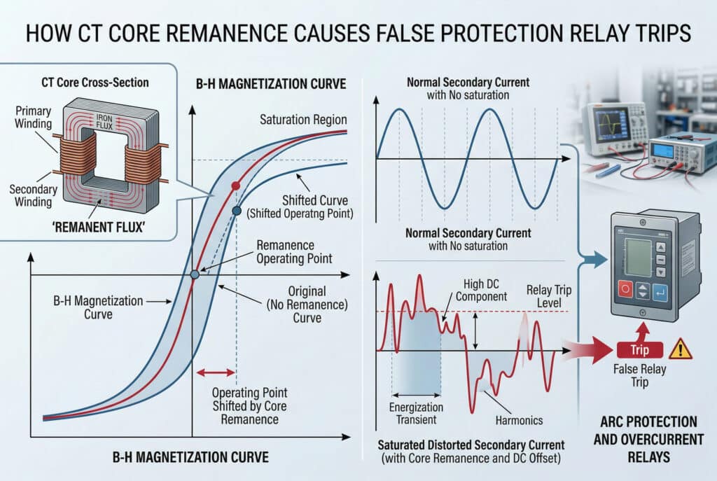 CTコアの残留磁束が、高圧産業プラントシステムでどのように誤った保護リレートリップを引き起こすかを正確に視覚化した複雑な技術合成イラストと精密図。左側のCTコア断面概念図（CTコア断面、一次巻線、二次巻線と表示）は残留磁束を概念的に示しています。中央は、飽和を示す大きな矢印が付いた明確なB-H磁化曲線（B-H磁化曲線、飽和領域、残留磁束動作点、理想動作点、通電過渡、シフトB-H曲線と表示）です。右側は、二次電流の歪みを対比した比較波形。上の波形は、理想的な状態におけるきれいな正弦波としての「正常な二次電流」を示し、下の波形（ラベル付き：下の波形（ラベル：飽和した歪んだ二次電流（DCオフセットと高調波を含む）、DCオフセット領域、リレートリップレベル）は、コアの再変動を伴う通電過渡時のものです。歪んだ波形は、アーク保護リレーおよび過電流リレー（右側に概念的なリレーのラベルが貼られている）によって故障シグネチャとして解釈され、誤ってトリップ判定をトリガします。高DC成分」や「高調波」などのデータポイントは、波形セクションに正確に統合されています。ぼかした背景のシーンは、工業技術作業場でのトラブルシューティングを示しています。人影はありません。プロフェッショナルなイラストのような写真スタイルは、正確で、清潔で、技術的なスペルを正確に表現しています。.