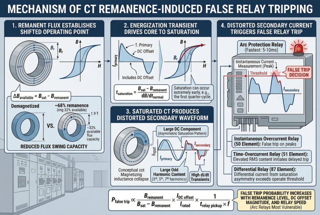 産業環境におけるCTコアの再放電による誤リレートリッピングの完全な4段階メカニズムを詳述する、複雑で構造化されたデータ可視化および技術図解。概念的なCTコア、グラフ、電流波形、リレー論理図を用いて説明しながら、文脈の順序に従って説明します。.