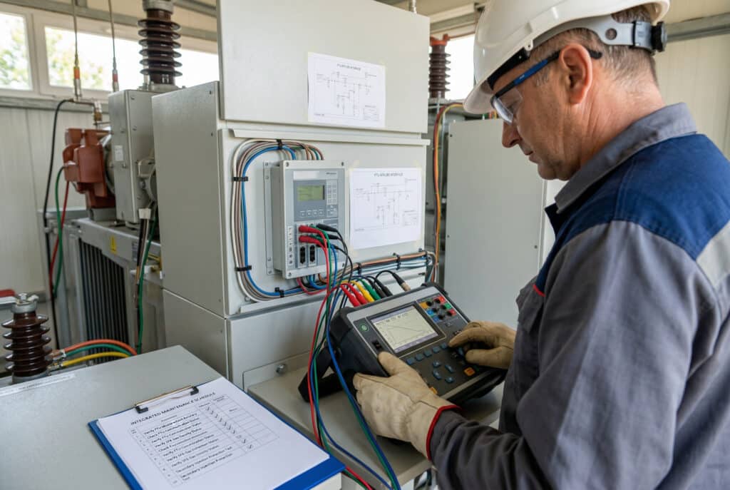 Fotografía detallada tomada en el interior de una subestación de distribución de media tensión, que muestra a un ingeniero de puesta en servicio de Europa del Este con EPI (casco, gafas de seguridad, guantes) realizando una prueba de protección de inyección secundaria. Está utilizando un equipo portátil de prueba de inyección secundaria, que está conectado a través de múltiples cables de colores a un panel FTU montado en un armario de unidad principal de anillo de interruptor de corte de carga (LBS) de SF6. La pantalla del equipo de prueba es visible, al igual que las entradas SECUNDARIA y FTU del TC etiquetadas, un esquema del armario y un portapapeles de 'PROGRAMA DE MANTENIMIENTO INTEGRADO' con la opción 'Verificar polaridad del TC' marcada, lo que ilustra la prueba integrada de ambos dispositivos. La atención se centra en el ingeniero y la acción de comprobación.