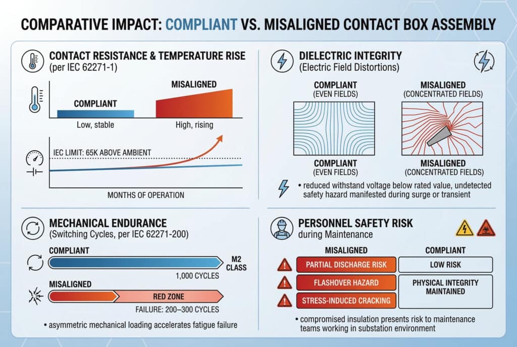 Un moderno grafico di visualizzazione dei dati tecnici che confronta l'impatto di un gruppo scatola di contatto conforme o disallineato su quattro metriche chiave. Pannello superiore: Resistenza dei contatti e aumento della temperatura (secondo IEC 62271-1). In mezzo a sinistra: Sezioni trasversali dell'integrità del dielettrico che mostrano campi elettrici distorti. In mezzo a destra: Barre di avanzamento della resistenza meccanica che confrontano i cicli (conforme oltre 1.000 vs. disallineato 200-300 guasti). In basso: Confronto del rischio per la sicurezza del personale. Il grafico incorpora limiti di dati specifici (ad esempio, 65K per IEC 62271-1, classe M2 1.000 cicli) per quantificare i rischi di affidabilità e sicurezza a cascata discussi nel testo.