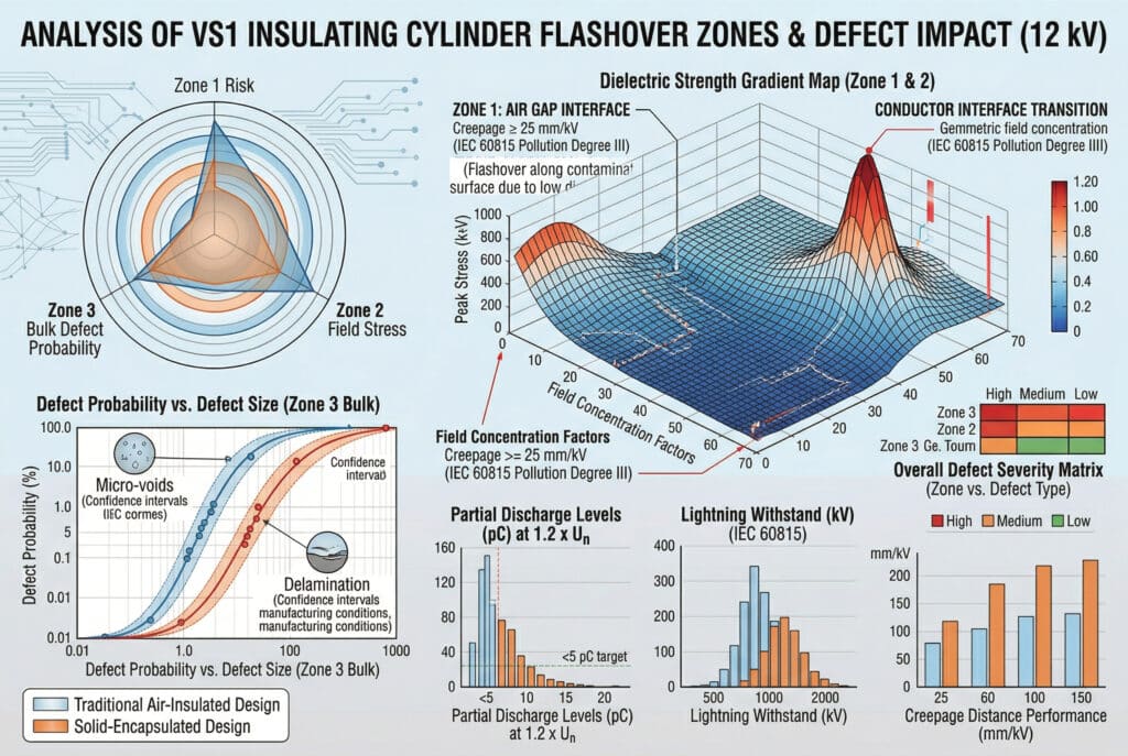 12kV şalt cihazları için VS1 yalıtım silindirlerindeki flashover bölgelerini ve kusur etkilerini analiz eden, Geleneksel Hava Yalıtımlı ve Katı Kapsüllü tasarımları çoklu teknik ölçütler açısından karşılaştıran ayrıntılı veri görselleştirme paneli.