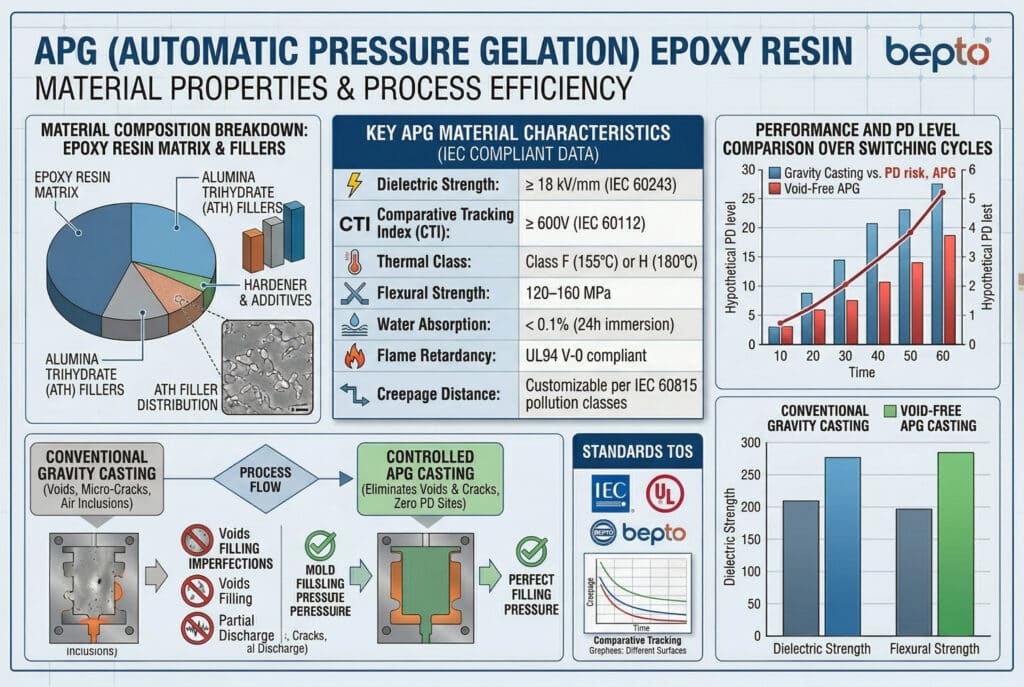 Um painel infográfico comparativo detalhado sobre as propriedades do material de resina epóxi APG (gelificação por pressão automática) e a eficiência do processo da bepto. Ele visualiza a comparação do fluxo do processo entre a fundição convencional por gravidade, com suas imperfeições de preenchimento, e a fundição com APG sem vazios controlados, incluindo dados de testes de PD que mostram que o APG é superior. Também apresenta micrografias da distribuição do enchimento de ATH e uma tabela central de propriedades que lista dados em conformidade com a IEC, como resistência dielétrica, CTI, classe térmica, resistência à flexão, absorção de água, retardamento de chamas e distância de fuga personalizável. Os gráficos de composição dividem o material em matriz, cargas e endurecedor. Os logotipos de verificação de padrões estão presentes.