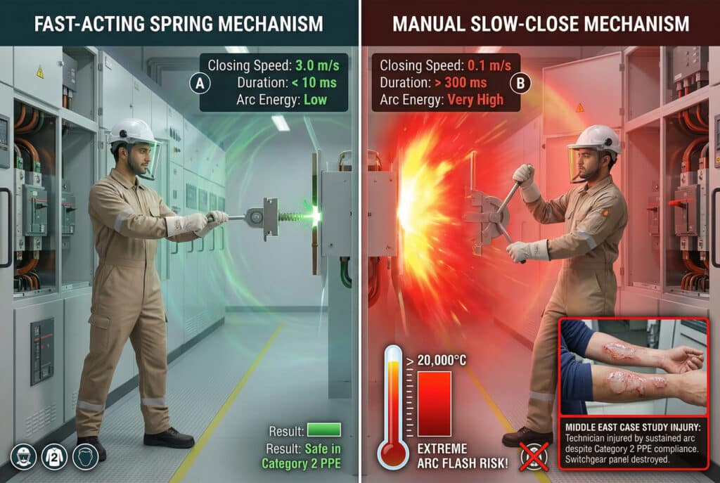 Сравнительная визуализация вспышки дуги в отсеке подстанции среднего напряжения с противопоставлением быстродействующего пружинного механизма (300 мс, экстремальная энергия, обязательная зона отчуждения и значительные травмы персонала, несмотря на соответствие СИЗ категории 2). С обеих сторон показан техник в СИЗ, а в заявке на травму - волдырные ожоги предплечья второй степени из ближневосточного примера.