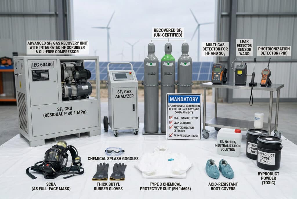 Foto industri yang diambil di dalam ruang perawatan fasilitas energi terbarukan modern, menampilkan ekosistem peralatan lengkap untuk ekstraksi produk sampingan gas SF6 yang aman dari komponen insulasi gas. Unit Pemulihan Gas SF6 (GRU) yang canggih (bebas minyak, filter kelembapan) terlihat menonjol, diberi label dengan pelat kepatuhan IEC 60480. Di sebelahnya terdapat penganalisis gas dan tiga tabung tekanan bersertifikasi DOT/UN yang diberi label 'RECOVERED SF₆'. Di latar depan, alat pelindung diri termasuk SCBA dengan masker wajah penuh, kacamata pelindung percikan bahan kimia, sarung tangan karet butil, baju pelindung bahan kimia Tipe 3 (EN 14605), dan penutup sepatu bot tahan asam ditata secara metodis. Instrumen pendeteksi produk sampingan untuk HF, SO₂, dan S₂F₁₀, larutan netralisasi, dan wadah limbah berbahaya yang tertutup juga tersedia. Tanda keselamatan industri dengan daftar periksa menyatakan 'WAJIB SF₆ BYPRODUCT EXTRACTION CHECKLIST,' yang mensintesis langkah-langkah keselamatan wajib. Semua teks dieja dengan sempurna dan terbaca dalam bahasa Inggris. Latar belakang menunjukkan turbin angin dan susunan panel surya yang kabur namun dapat diidentifikasi di bawah cahaya industri yang terang dan konsisten.