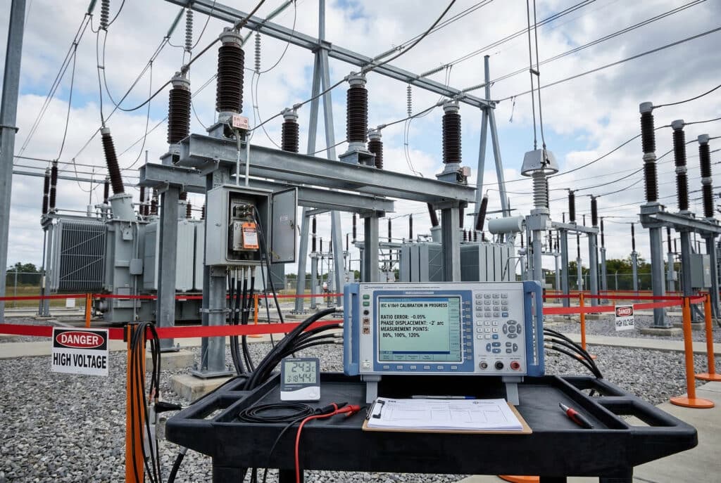 Ein detailliertes Industriefoto eines Vor-Ort-Kalibrierungsaufbaus in einem Umspannwerk, das einen Präzisionskalibrator zeigt, der an einen Sensorisolator zur IEC 61869-Verifizierung angeschlossen ist.
