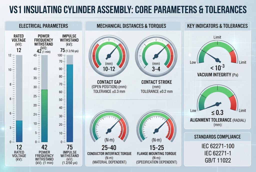 Um painel de dados digital moderno e sofisticado, estruturado em três painéis integrados, intitulado "VS1 INSULATING CYLINDER ASSEMBLY: CORE PARAMETERS & TOLERANCES". Ele visualiza os parâmetros principais e as tolerâncias críticas para uma montagem VS1 de 12 kV usando uma série de gráficos, medidores e visualizações de dados. Da esquerda para a direita: Parâmetros elétricos (tensão nominal: 12 kV, resistência à frequência de potência: 42 kV, resistência a impulsos: 75 kV); distâncias mecânicas e torques (folga do contato: 10-12 mm ± 0,3 mm, curso do contato: 3-4 mm ± 0,2 mm, Torque da interface do condutor: 25-40 N-m, Torque de montagem do flange: 15-25 N-m); e Indicadores-chave e tolerâncias (Integridade do vácuo: < 10-³ Pa, Tolerância de alinhamento: ≤ 0,3 mm radial, Padrões: IEC 62271-100, IEC 62271-1, GB/T 11022). Cada elemento de dados tem um rótulo, uma unidade, um valor específico e uma faixa de ±tolerância claros, enfatizando o impacto direto do alinhamento mecânico preciso na confiabilidade elétrica. A codificação de cores vermelha e verde indica zonas aceitáveis e de advertência. O plano de fundo é uma interface digital levemente borrada com linhas de grade de tecnologia.