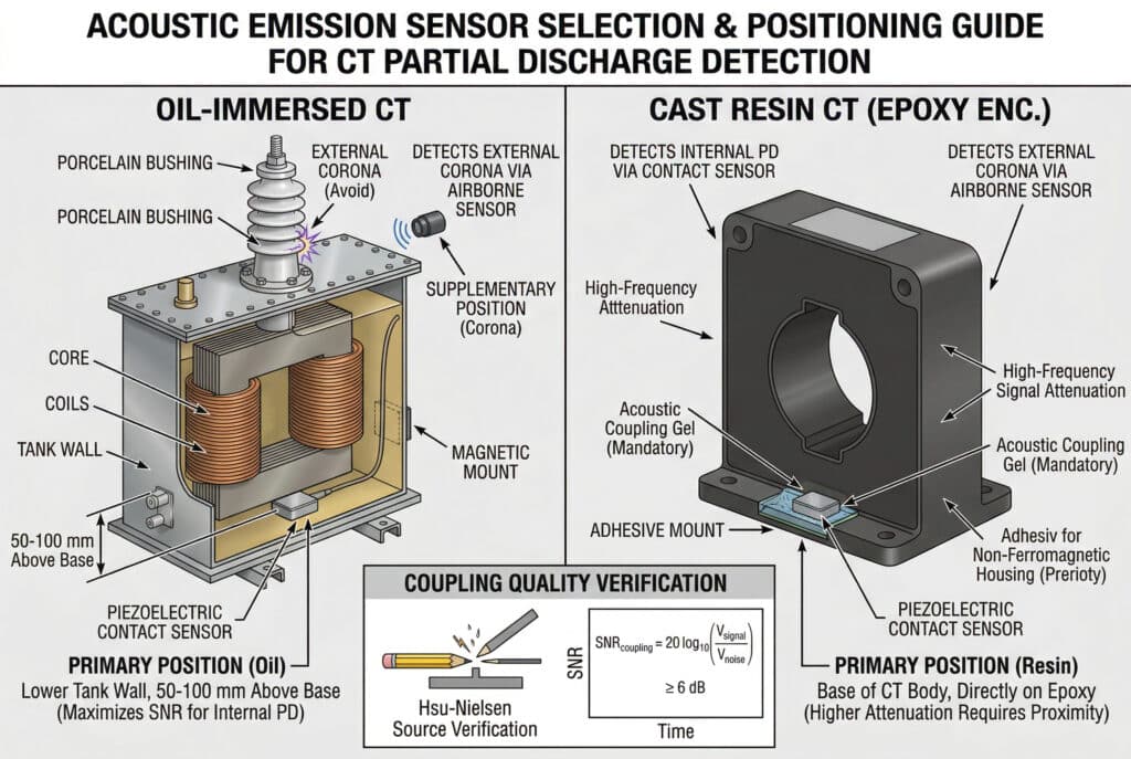 แผนผังทางเทคนิคที่แสดงการเลือกและการวางตำแหน่งเซ็นเซอร์การปล่อยเสียงอะคูสติกที่ดีที่สุดสำหรับการตรวจจับการปลดปล่อยบางส่วนของหม้อแปลงไฟฟ้าในปัจจุบัน แผนผังนี้เปรียบเทียบการเชื่อมต่อที่เหมาะสมที่สุดบนหม้อแปลงไฟฟ้าที่แช่ในน้ำมัน (ผนังถังด้านล่าง) และหม้อแปลงไฟฟ้าที่หล่อด้วยเรซิน (ฐานตัวหม้อแปลงไฟฟ้าอีพ็อกซี่) โดยเน้นช่วงความถี่ที่เหมาะสมและเจลเชื่อมต่อที่จำเป็น การตั้งค่าการตรวจสอบด้วยแหล่งกำเนิด Hsu-Nielsen แสดงค่า SNR ที่จำเป็น >= 6 dB.