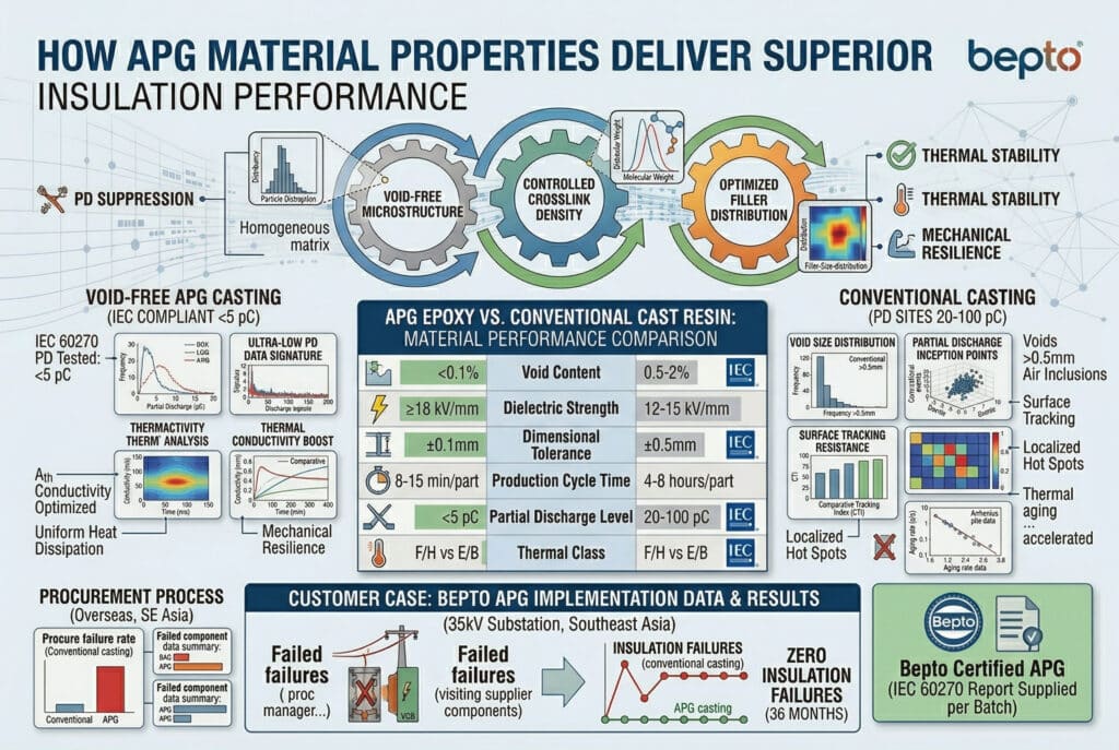 Um painel de dados de engenharia coeso e integrado e um painel de análise de mapa lógico intitulado "COMO AS PROPRIEDADES DOS MATERIAIS DA APG OFERECEM DESEMPENHO SUPERIOR DE ISOLAMENTO", derivado dos dados e da comparação de image_34.png, mas removendo todas as imagens físicas do produto. O logotipo bepto limpo da imagem_34.png permanece. A composição inteira usa gráficos abstratos, diagramas de fluxo lógico e cartões de dados com tipografia técnica nítida em inglês. O plano de fundo é uma rede sofisticada de fluxos de dados e conexões lógicas.