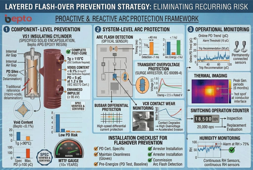 Üç katmanlı önleme stratejisini gösteren kapsamlı bir teknik veri panosu: sertifikalarla katı kapsüllemeyi belirten bileşen düzeyinde, ark parlaması algılama ve geçici koruma ile sistem düzeyinde ve operasyonel izleme (çevrimiçi PD, termal, işlem sayısı, nem), ayrıca şalt cihazlarında tekrarlayan parlama riskini ortadan kaldırmak için bir kurulum kontrol listesi.