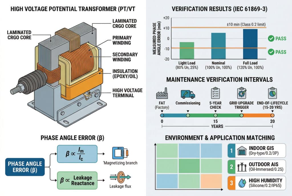 A comprehensive technical illustration showing the lifecycle verification process for high voltage potential transformers (PT/VT). It includes a cross-section diagram of a PT/VT on the left, connected to a data dashboard on the right. The dashboard visualizes key verification results against IEC limits (pass/fail for Light, Nominal, and Full load), a lifecycle timeline from FAT to end-of-assessment, and environmental application matching.