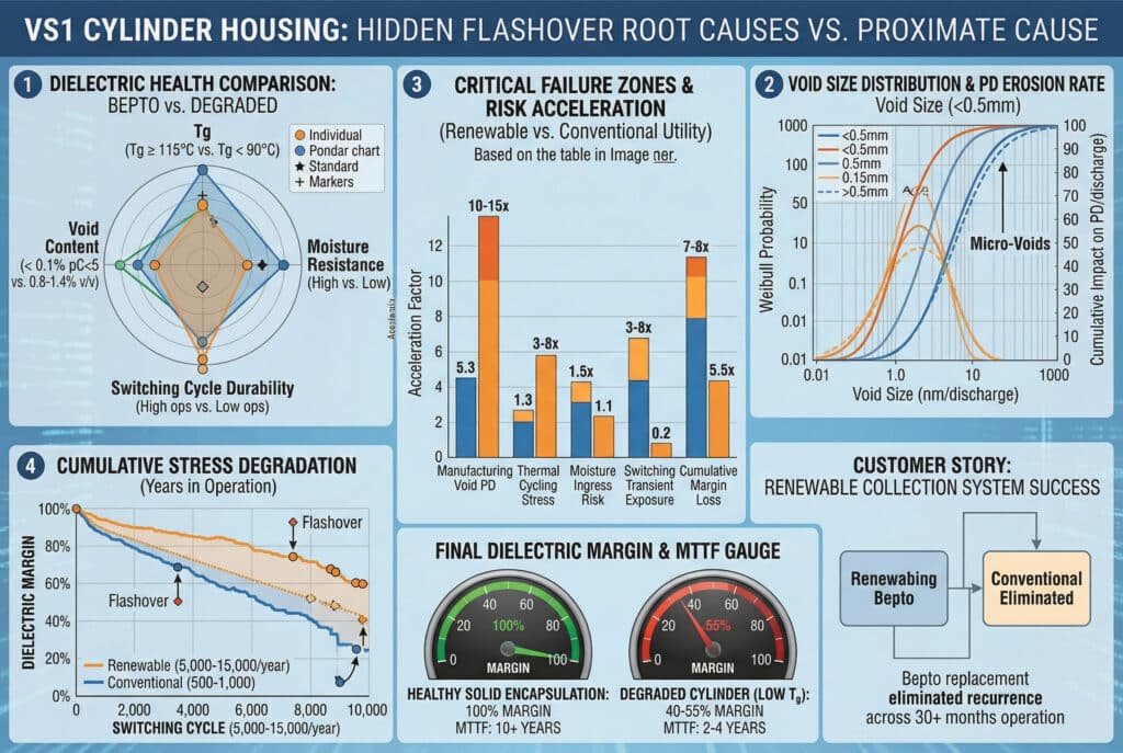 image_4.png'deki fiziksel kesitleri karşılaştırmalı grafiklerle değiştiren teknik veri odaklı bir gösterge tablosu. 'VS1 SİLİNDİR GÖVDESİ: GİZLİ FLASHOVER KÖK NEDENLERİ VS. PROXIMATE CAUSE' başlığı korunmuştur. Orta alana 'AŞIRI GERİLİM GEÇİŞİ (YAKIN NEDEN)' küçük grafiği hakimdir ve 'FLASHOVER RİSK' göstergelerine yol açar. Aşağıda, iki ana kontrol paneli silindirlerin yerini alır: 'SAĞLIKLI Katı Kapsülleme' (yeşil gösterge, 100% MARGIN, MTTF: 10+ YIL) ve 'BOZULMUŞ Silindir (DÜŞÜK Tg)' (kırmızı gösterge, 40-55% MARGIN, MTTF: 2-4 YIL). Ayrıntılı veri görselleştirme modülleri, beş arıza nedenini istatistiksel grafiklere dönüştürerek bunları çevreler: (1) Boşluk Boyutu (≤0,5 mm) ve PD Erozyon oranı için Weibull dağılımı, (2) Düşük Tg yumuşaması için sıcaklığa karşı gerilme modülü, (3) farklı nem/kirlenme koşulları altında bozulma voltajının karşılaştırılması, (4) anahtarlama döngüleri (çalışma yılları) boyunca Dielektrik Marjının dinamik düşüşü ve (5) Risk Hızlandırma faktörlerini gösteren birleşik bir yığılmış çubuk grafik. Küçük bir 'VAKA ÇALIŞMASI' bölümü yenileme başarısını özetlemektedir. Estetik tamamen sayısal ve mantıksaldır.