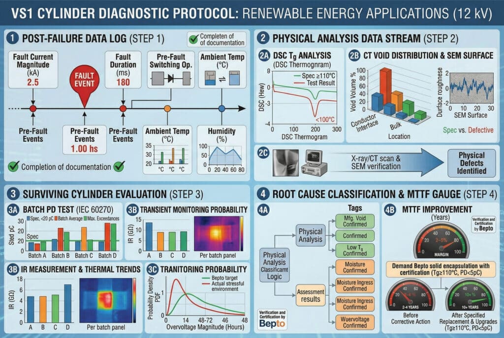 Dört adımlı VS1 silindir sorun giderme protokolünü veri akışlarına ve grafiklere dönüştüren, birden fazla partiden hayatta kalan silindirleri karşılaştıran ve belirlenen nedenleri ve eylem sonrası MTTF iyileştirmesini (2-4 yıldan 10+ yıla kadar) gösteren kapsamlı bir teknik teşhis veri panosu. Anahtar modüller şunları içerir: Arıza Sonrası Veri Günlüğü (kA, ms, Arıza Öncesi), Fiziksel Analiz (DSC Tg spesifikasyonu vs. kusurlu, CT tarama hacim dağılımı, SEM yüzey erozyonu), Hayatta Kalan Silindir Değerlendirmesi (Parti PD Testi <20pC vs. aşma, IR Ölçümü GΩ vs. parti, Termal Trend, Geçici İzleme Olasılık Dağılımı) ve belirtilen düzeltici eylemleri yönlendiren Kök Neden Sınıflandırma Mantığı (Mfg. Boşluk, Düşük Tg, Nem Girişi, Kontaminasyon, Anahtarlama Stresi). Bepto sertifikalı yöntemler ve katı kapsülleme sertifikasyonu talebi için belirtme çizgileri içerir. Tüm metin doğru İngilizcedir.