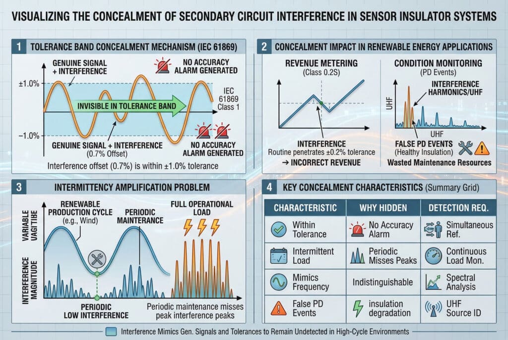 Một sơ đồ infographic kỹ thuật phức tạp, không có hình ảnh sản phẩm, minh họa các cơ chế khái niệm về việc che giấu nhiễu mạch thứ cấp trong hệ thống cách điện cảm biến. Ở phía trên cùng, tiêu đề ghi: 'MINH HỌA VIỆC CHE GIẤU NHIỄU MẠCH THỨ CẤP TRONG HỆ THỐNG CÁCH ĐIỆN CẢM BIẾN'. Biểu đồ được chia thành bốn bảng chính trên nền lưới kỹ thuật với các luồng dữ liệu tinh tế. Bảng 1: 'CƠ CHẾ CHE GIẤU DẢI DUNG SAI (IEC 61869)' hiển thị dạng sóng màu cam (Tín hiệu thật + nhiễu, độ lệch 0,7%) nằm hoàn toàn trong dải dung sai màu xanh nhạt ±1,0% (IEC 61869 Loại 1), kèm mũi tên ghi 'KHÔNG THẤY TRONG DẢI DUNG SAI' và biểu tượng cảnh báo đỏ có gạch chéo cho 'KHÔNG TẠO RA CẢNH BÁO ĐỘ CHÍNH XÁC'. Bảng 2: 'TÁC ĐỘNG CỦA VIỆC CHE GIẤU TRONG CÁC ỨNG DỤNG NĂNG LƯỢNG TÁI TẠO' hiển thị các sơ đồ con: 'ĐO LƯỢNG DOANH THU (Loại 0.2S, ±0.2%)' với nhiễu xuyên qua dải dung sai ±0.2% -> DOANH THU SAI; 'THEO DÕI TÌNH TRẠNG (Sự kiện PD)' hiển thị phổ UHF nhận diện sai 'Sự kiện PD giả (Cách điện khỏe mạnh)' với biểu tượng cờ lê. Bảng 3: 'VẤN ĐỀ TĂNG CƯỜNG ĐỘ GIÁN ĐOẠN' liên kết sản xuất gió (CHU KỲ SẢN XUẤT NĂNG LƯỢNG TÁI TẠO) với độ lớn nhiễu biến đổi, nhấn mạnh các điểm đỉnh bị bỏ sót trong bảo trì và tải hoạt động đầy đủ. Bảng 4: 'ĐẶC ĐIỂM CHE GIẤU CHÍNH (Bảng tóm tắt)' là bảng dựa trên bảng đầu vào, với các cột về Đặc điểm, Lý do bị che giấu và Yêu cầu phát hiện, hiển thị 'Trong giới hạn dung sai lớp chính xác', 'Bỏ sót đỉnh theo chu kỳ', 'Mô phỏng tín hiệu chung' và 'Lỗi pha tích lũy', kèm văn bản đơn giản hóa. Biểu tượng và các đường dữ liệu phát sáng màu xanh lam/cam được bao gồm. Nhãn chân trang ghi: 'Can thiệp bắt chước tín hiệu chung và dung sai để không bị phát hiện trong môi trường chu kỳ cao'. Sơ đồ sạch sẽ, mang tính khái niệm và sử dụng minh họa kỹ thuật hiện đại. Tất cả văn bản đều bằng tiếng Anh chính xác. Không có người hoặc ảnh. Góc chụp ngang (3:2).