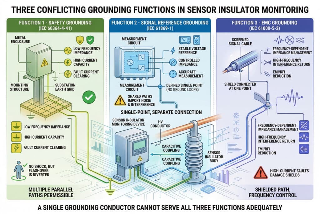 Infographie technique comparative illustrant les trois fonctions conflictuelles de la mise à la terre pour un dispositif de surveillance d'isolateur de capteur, correspondant à la structure de l'article : (1) mise à la terre de sécurité (CEI 60364-4-41) pour l'élimination des défauts avec des chemins multiples ; (2) mise à la terre de référence du signal (CEI 61869-1) avec un point unique défini pour éviter les boucles de terre et le bruit ; et (3) mise à la terre CEM (CEI 61000-5-2) avec une connexion en un seul point pour une impédance dépendant de la fréquence. Chaque panneau présente une configuration optimale et des modes de défaillance tels qu'une erreur de mesure ou un choc pour le personnel. Un résumé souligne qu'un seul conducteur de mise à la terre ne peut pas remplir les trois fonctions.