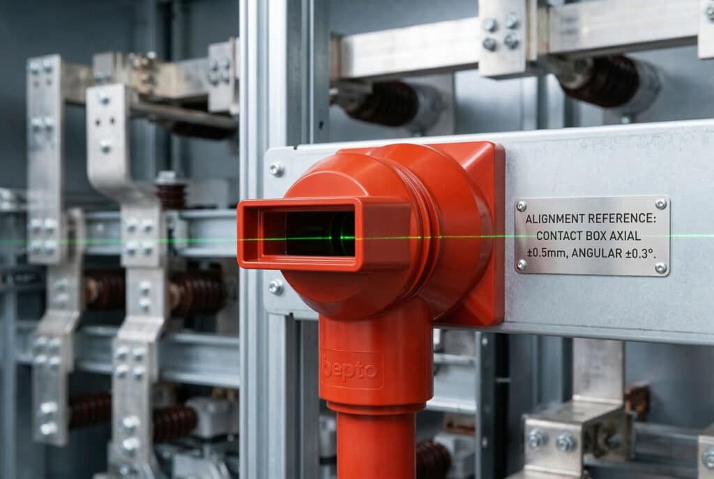 Foto tecnica ravvicinata di una scatola di contatti in resina epossidica rossa installata all'interno di un quadro elettrico, come si vede in image_7.png. Un sottile raggio laser di allineamento verde passa con precisione attraverso la sua apertura rettangolare. Accanto ad esso, una piccola targhetta metallica sul telaio di montaggio specifica 'RIFERIMENTO DI ALLINEAMENTO: BOX DI CONTATTO ASSIALE ±0,5 mm, ANGOLARE ±0,3°'. L'immagine fornisce un chiaro riferimento visivo per le tolleranze geometriche richieste discusse nel testo.