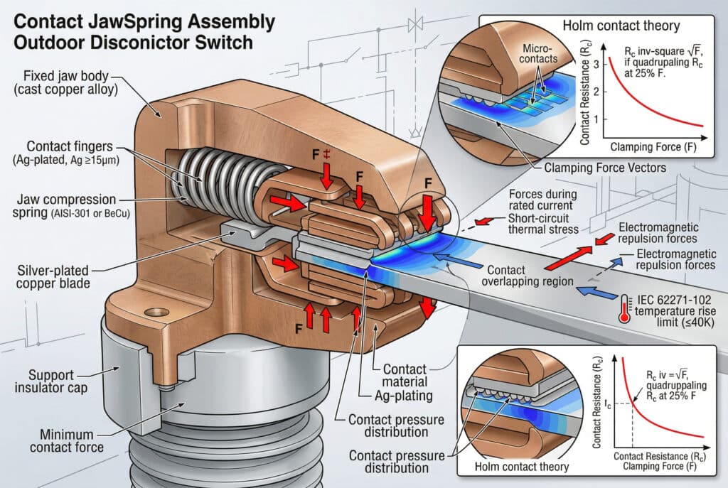 Ilustrasi teknis terperinci dan diagram penampang rakitan pegas rahang kontak sakelar pemisah luar ruangan. Ini menunjukkan beberapa jari kontak tembaga berlapis perak yang mencengkeram bilah, dengan vektor gaya (F) yang diterapkan oleh pegas kompresi, yang mengilustrasikan teori kontak Holm (kontak Rc berbanding terbalik dengan akar kuadrat F). Gradien tekanan dan label data menyoroti gaya penjepitan, bahan kontak (pegas AISI-301 atau BeCu, pelapisan perak ≥15μm, risiko oksida tembaga), dan persyaratan gaya kontak minimum pada berbagai peringkat arus (80-150N per jari kontak) hingga 550kV, dengan memperhatikan batas kenaikan suhu (≤40K di atas lingkungan). Ilustrasi memiliki teks dan diagram yang akurat tanpa karakter.