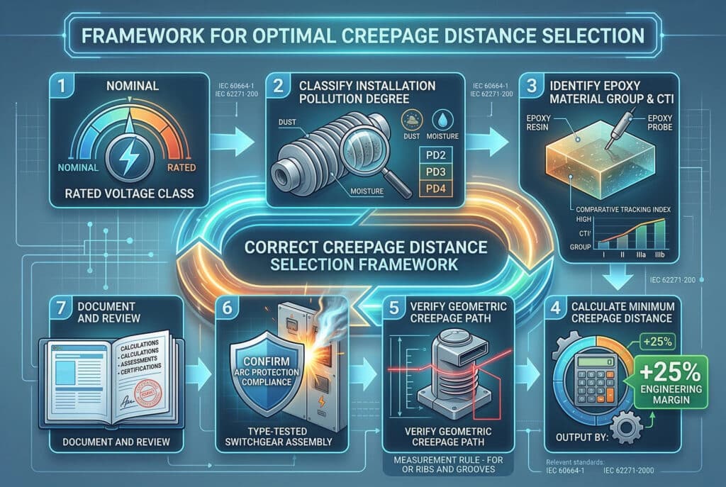 O vizualizare digitală sofisticată care prezintă un cadru structurat în șapte etape pentru selectarea corectă a distanței de creepage în ingineria de înaltă tensiune. Șapte panouri distincte, interconectate, ilustrează fiecare dintre etapele procesului: 1. DETERMINEȚI CLASA DE TENSIUNE A SISTEMULUI, 2. CLASIFICAȚI GRADUL DE POLUARE A INSTALAȚIEI, 3. IDENTIFICAȚI GRUPUL DE MATERIALE EPOXICE ȘI CTI, 4. CALCULAȚI DISTANȚA MINIMĂ DE CREEPAGE, 5. VERIFICAȚI CALEA GEOMETRICĂ DE CREEPAGE, 6. CONFIRMAȚI CONFORMITATEA PROTECȚIEI ARCULUI și 7. DOCUMENTAREA ȘI REVIZUIREA. Fiecare etapă utilizează metafore vizuale clare, cum ar fi un cadran de tensiune, un analizor de contaminare a suprafeței, un grafic al grupelor de materiale și un instrument de calcul cu un text verde strălucitor '+25% ENGINEERING MARGIN'. Are o estetică modernă, pixel-perfectă și profesională, cu trasee energetice strălucitoare. Întreaga compoziție are titlul 'FRAMEWORK FOR OPTIMAL CREEPAGE DISTANCE SELECTION' și menționează referințe standard în mod conceptual sau literal.