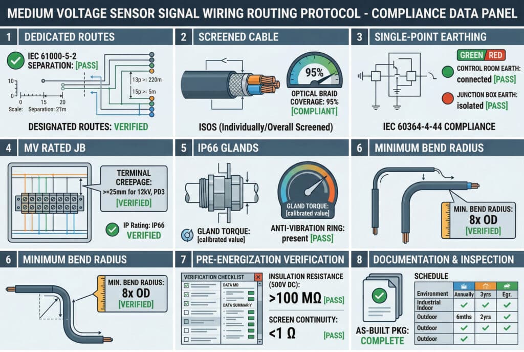 คู่มือแบบแผนภาพอินโฟกราฟิกเชิงเทคนิคที่ครอบคลุม ซึ่งแสดงขั้นตอนการเดินสายสัญญาณที่ถูกต้องสำหรับงานติดตั้งฉนวนเซ็นเซอร์แรงดันไฟฟ้าปานกลาง จัดโครงสร้างเป็นแดชบอร์ดข้อมูลความสอดคล้องแบบแปดแผง ภาพประกอบที่แม่นยำถึงระดับพิกเซลแสดงเฉพาะการแสดงข้อมูลดิจิทัล กราฟ มิเตอร์ และตัวบ่งชี้สถานะเท่านั้น โดยไม่มีผลิตภัณฑ์หรือบุคคลจริงปรากฏอยู่มันแสดงภาพขั้นตอนโปรโตคอลแปดขั้นตอนตามลำดับ: 1) เส้นทางเฉพาะพร้อมเครื่องหมายแยก (IEC 61000-5-2); 2) ข้อกำหนดสายเคเบิลที่มีการป้องกัน (ISOS, 95% coverage); 3) ตรรกะการต่อลงดินจุดเดียว (ห้องควบคุมต่อลงดิน, กล่องเชื่อมต่อแยกต่อลงดิน); 4) กล่องเชื่อมต่อที่มีแรงดันไฟฟ้าปานกลางพร้อมการวัดระยะห่างของขั้ว;5) ท่อ IP66 พร้อมแหวนกันสั่นสะเทือนและการตรวจสอบแรงบิด 6) การตรวจสอบรัศมีการโค้งงอขั้นต่ำ 7) รายการตรวจสอบการตรวจสอบก่อนการจ่ายพลังงานพร้อมข้อมูลที่แม่นยำ (เช่น >100MΩ) 8) ชุดเอกสารการติดตั้งและตัวอย่างตารางการตรวจสอบเป็นระยะ รูปแบบเป็นแผงข้อมูลการปฏิบัติตามข้อกำหนดที่สะอาดและเป็นระเบียบ.