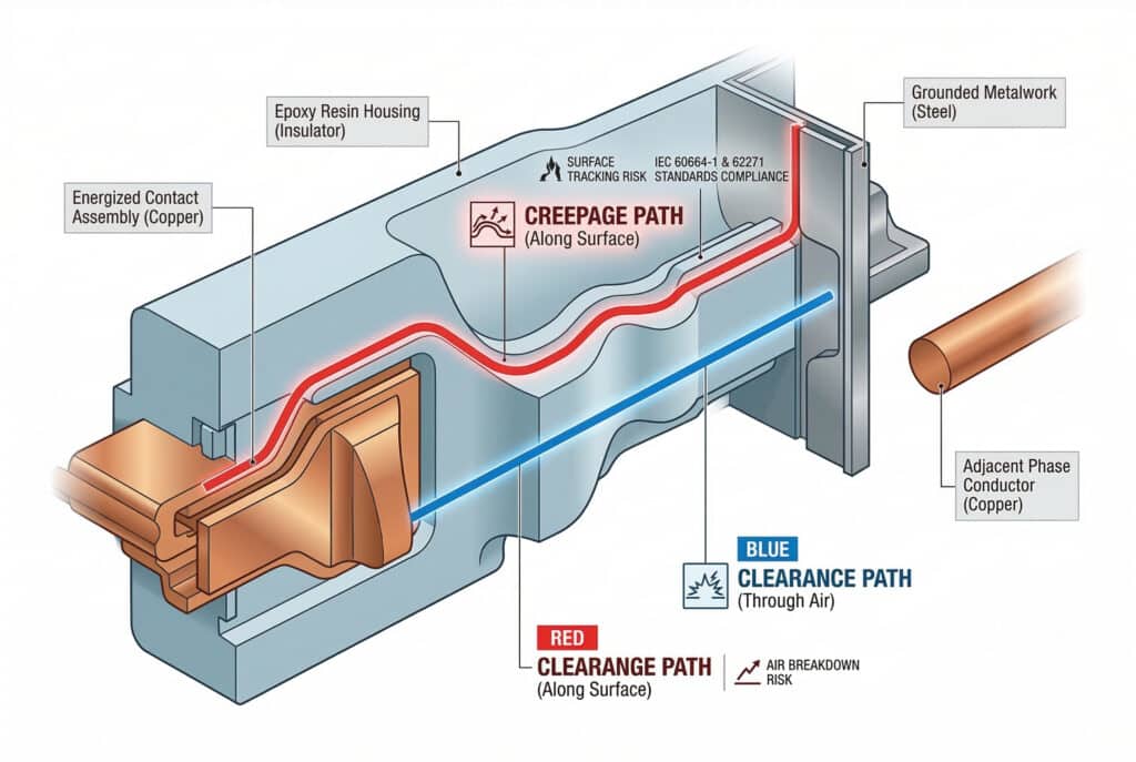 O diagramă tehnică care ilustrează traseele distincte ale distanței de fluaj (de-a lungul suprafeței) față de distanța de trecere (prin aer) într-o cutie de contacte de înaltă tensiune izolată în aer, arătând diferența dintre mecanismele de risc de urmărire a suprafeței și cedarea aerului pe suprafața rășinii epoxidice și făcând trimitere la standardele IEC.