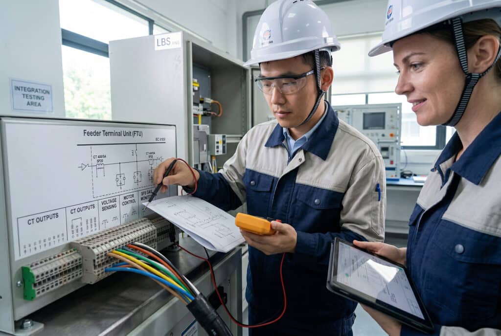 Primer plano de un ingeniero chino verificando la polaridad del transformador de corriente (TC) en una conexión del interruptor-seccionador de carga (LBS) SF6 a una unidad terminal de alimentación (FTU) con un multímetro y un diagrama de cableado, mostrando un trabajo de integración crítico para la precisión de la protección en un contexto de colaboración internacional.
