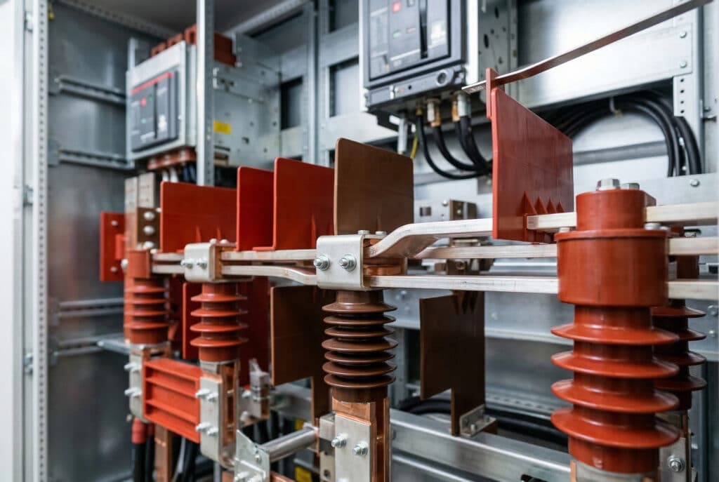 ภาพระยะใกล้โดยละเอียดภายในตู้สวิตช์เกียร์แรงสูงแบบเปิดที่มีฉนวนกันอากาศอุปกรณ์ฉนวนเรซินอีพ็อกซี่สีแดงและสีน้ำตาลที่ซับซ้อนหลายชิ้น รวมถึงตัวยึดบัสบาร์และตัวกั้นเฟส ถูกจัดวางอย่างพิถีพิถันท่ามกลางบัสบาร์ทองแดงชุบเงินที่มีความซับซ้อน จุดโฟกัสอยู่ที่ชิ้นส่วนเล็กๆ ที่สำคัญเหล่านี้ ซึ่งเป็นสิ่งจำเป็นสำหรับการกำหนดขอบเขตความปลอดภัยทางไฟฟ้า แสดงให้เห็นคำเตือนในข้อความที่ระบุว่าความล้มเหลวมักเกิดจากอุปกรณ์เสริมที่มองข้ามไป ความชัดลึกตื้นทำให้ส่วนที่เหลือของแผงขนาดใหญ่เบลอ เน้นย้ำถึงความสำคัญของการระบุสเปคในระดับชิ้นส่วน.