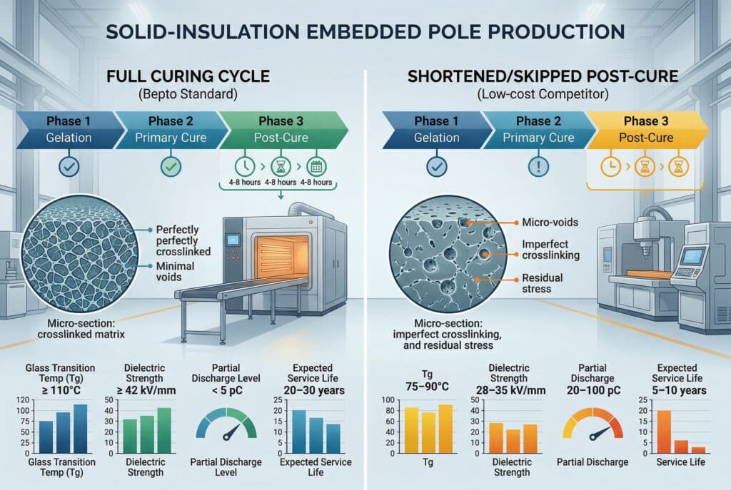 技術資訊圖表對比了固體絕緣嵌入式電極的完整固化週期與縮短週期。它直觀地比較了微觀樹脂結構、加工時間以及 Tg、介電強度和局部放電等關鍵性能數據，強調了完全固化對長期可靠性的影響。.
